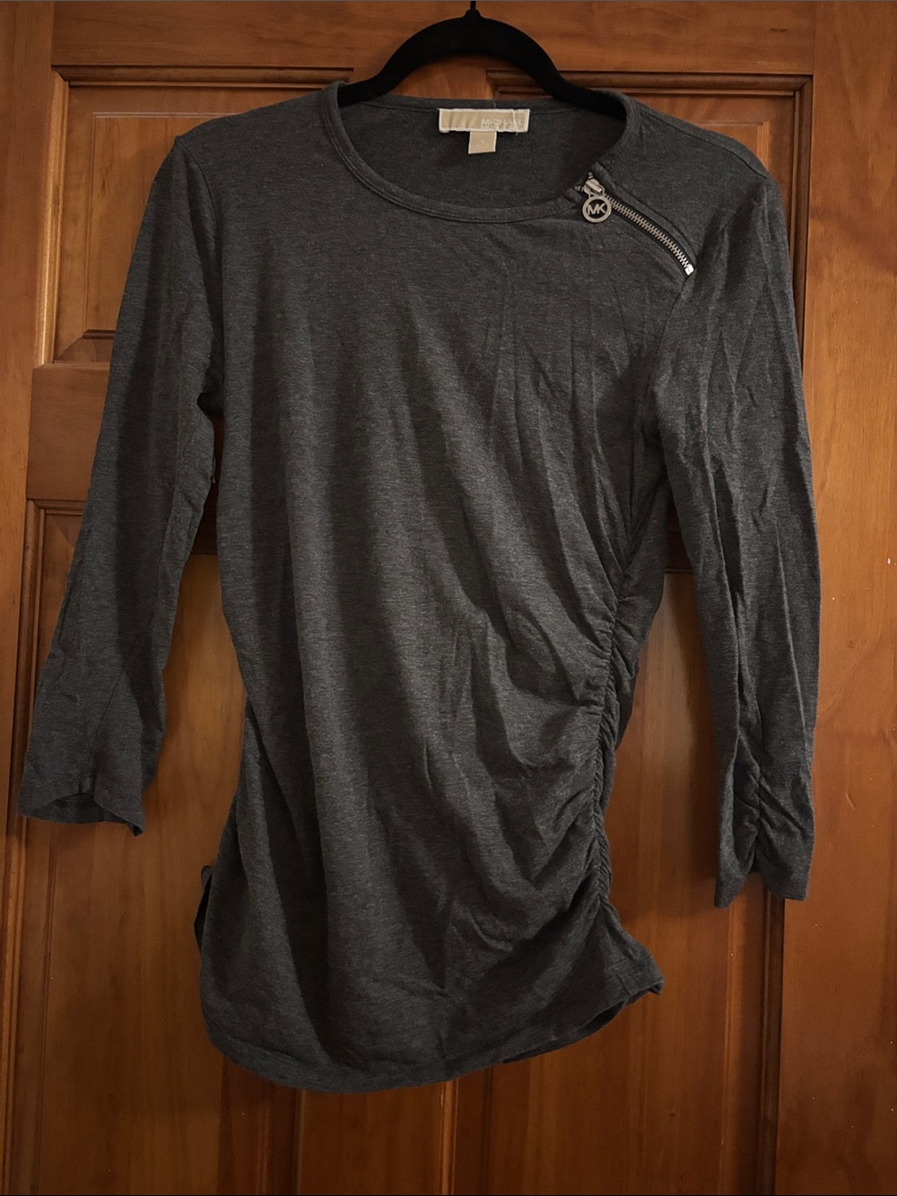 Michael Kors Dark Charcoal Gray Asymmetric Zip Ruched Long Sleeve Top